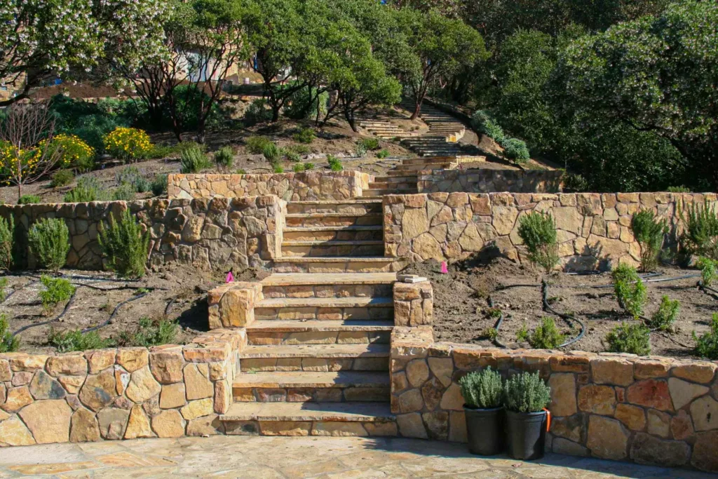 tiered hardscape landscaping in the Sonoma County hills leading up to the residence